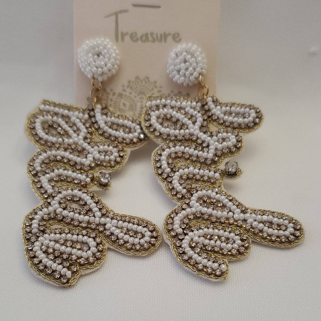 White And Gold Beaded Drop Earrings